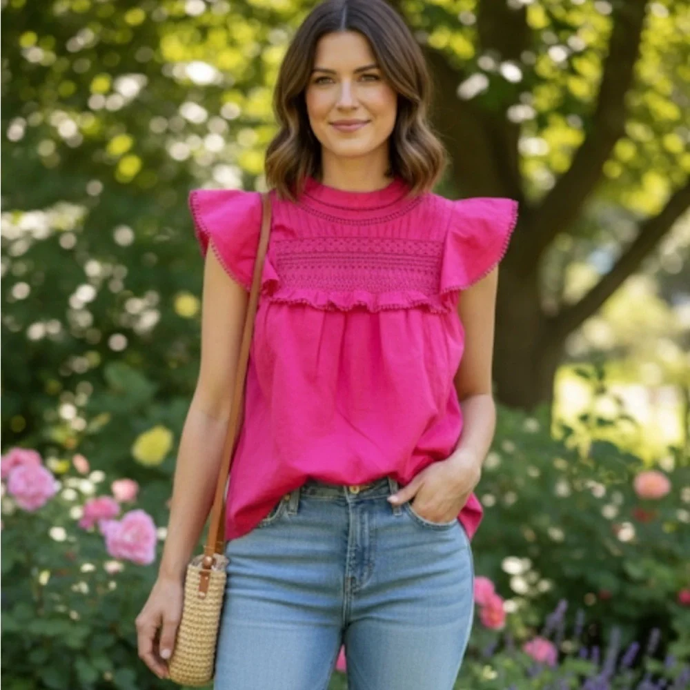J. Crew Red Blouse with Puff Sleeves and Mandarin Collar